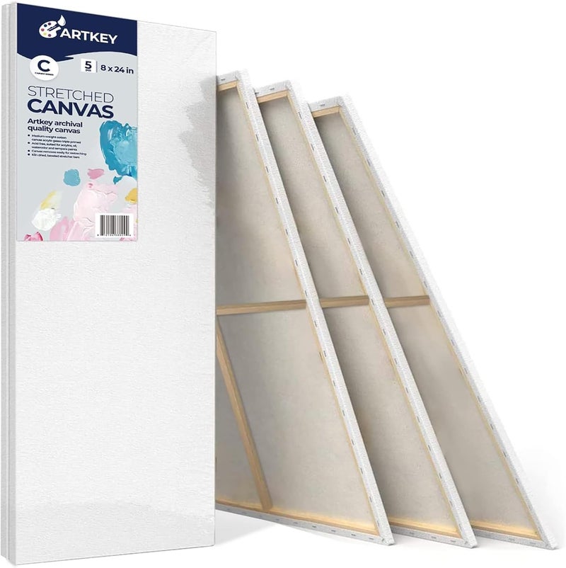 Artkey Stretched Canvases for Painting 8x24 Inch 5-Pack, 10 oz Triple Primed Acid-Free 100% Cotton Long Blank Canvas, Art Canvases for Oil Paint Acrylics Pouring & Wet Art Media, Pour Painting - Image 1